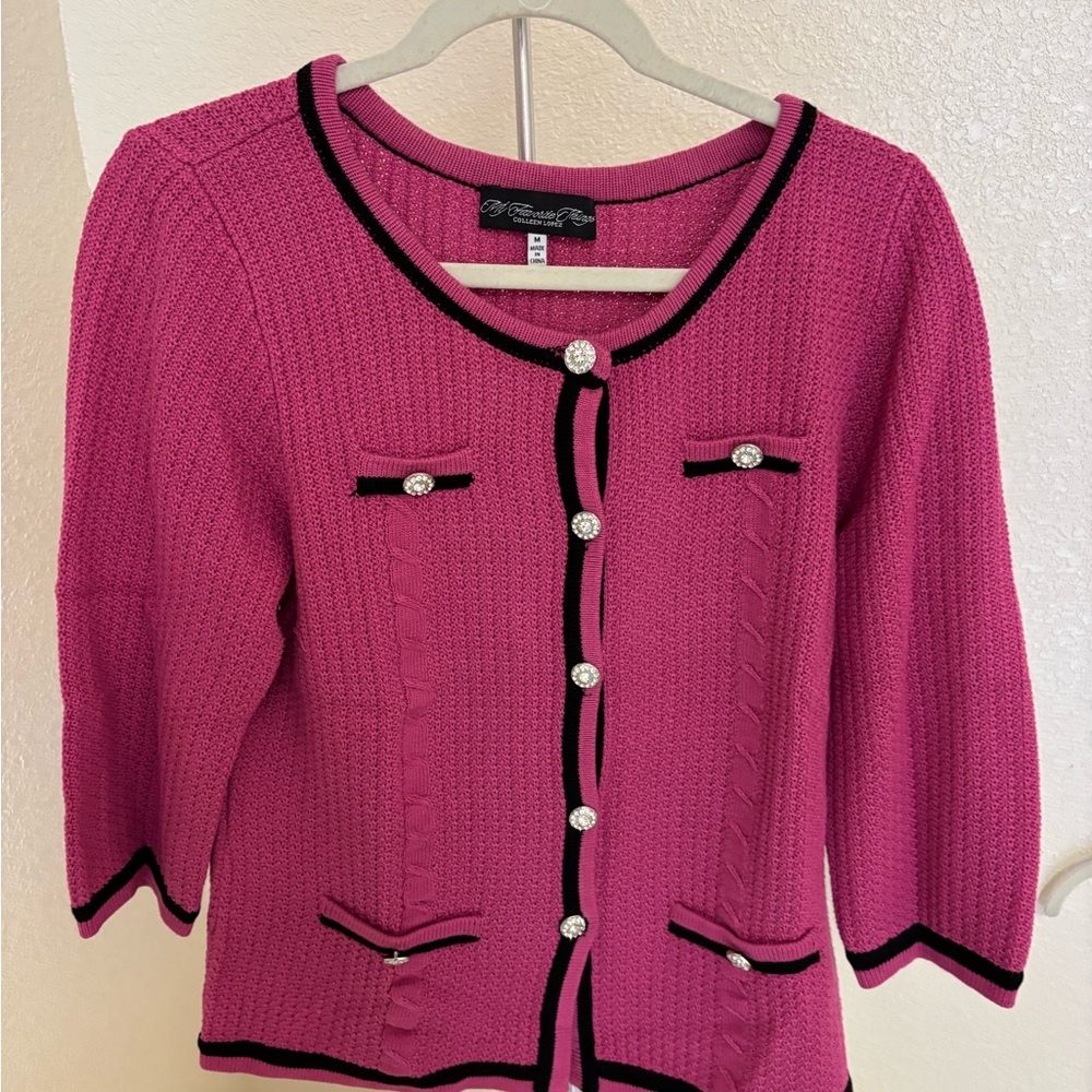 C. Wonder by Colleen Lopez Pink Knit Cardigan 3/4 Sleeve Jeweled Buttons M